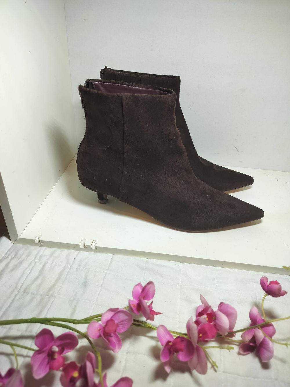 Tahari Dark Brown Suede Pointed Toe Ankle Boots